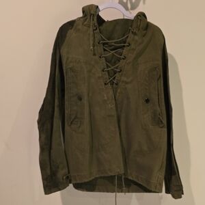 Olive Green Lace-Up Jacket Military Style Pull Over Laceup Hoodie
